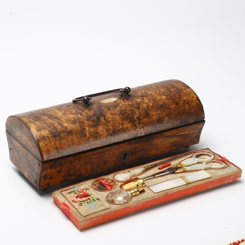 8 - A French burr walnut dome top sewing etui, with mother of pearl fittings, length 18cm