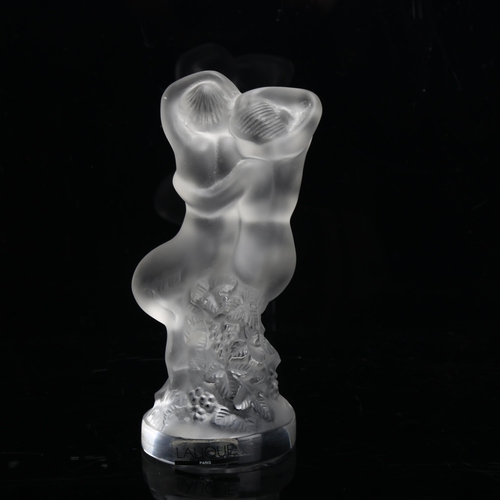 102 - A Lalique frosted glass group of 2 nudes, signed to base with makers label, height 14cm