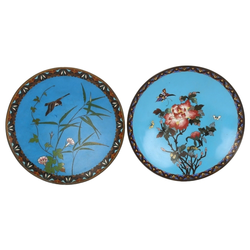 104 - 2 Japanese bronze cloisonne enamel dishes with floral decoration, diameter 30.5cm