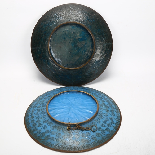 104 - 2 Japanese bronze cloisonne enamel dishes with floral decoration, diameter 30.5cm