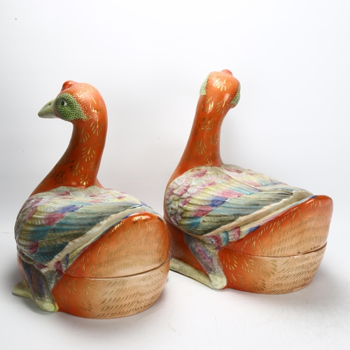 110 - A pair of large Chinese porcelain goose tureen containers, late 19th/ early 20th century, with polyc... 