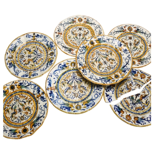 111 - A set of 7 Antique Italian Maiolica plates, maker's mark to base, diameter 22cm