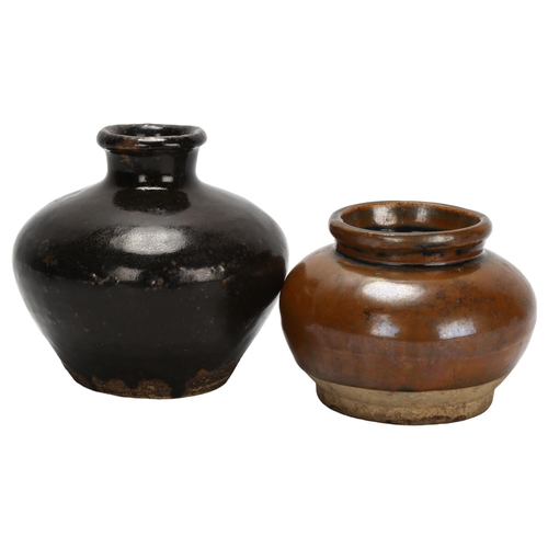 115 - 2 Antique Oriental Song Dynasty jars with Tenmoku glaze, tallest 12cm