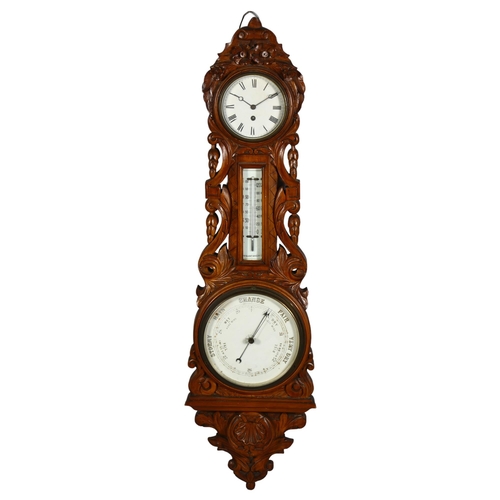 116 - A large 19th century carved oak combination clock / barometer / thermometer, length 100cm