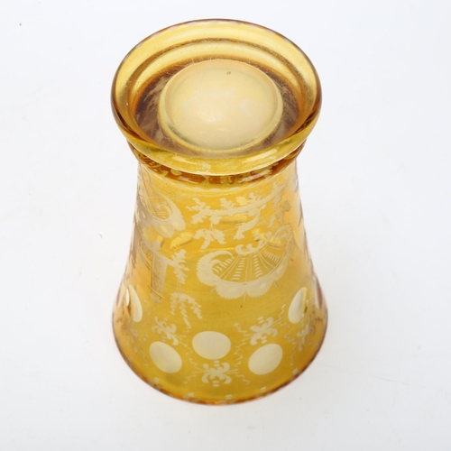 122 - A 19th century Bohemian amber-flashed glass spa beaker, with etched stag and bridge decoration, heig... 