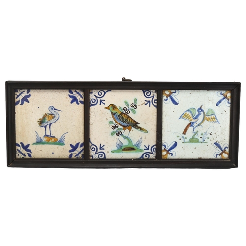 126 - A set of 3 x 18th/19th century Delft bird tiles, in common ebony frame, overall 40 x 15cm