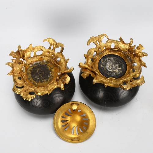 129 - A pair of Napoleon III ormolu-mounted granite vases, with later ormolu mounts and lids, possibly Per... 