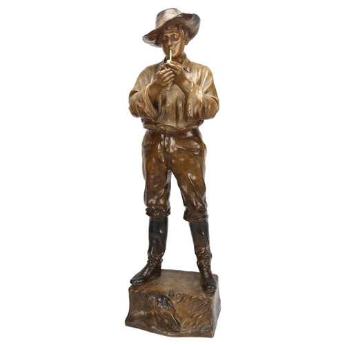 130 - A large Art Nouveau Austrian Goldscheider terracotta statue of gaucho smoking pipe, signed to base, ... 