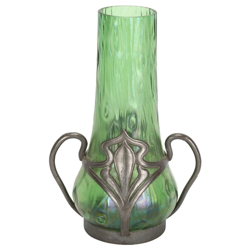 36 - An Art Nouveau Loetz pewter-mounted iridescent green glass vase, with mark for Van Houten, model no.... 