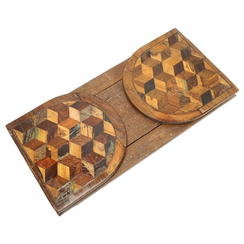 42 - A 19th century Tunbridge Ware specimen wood parquetry inlaid rosewood tumbling cube sliding book rac... 