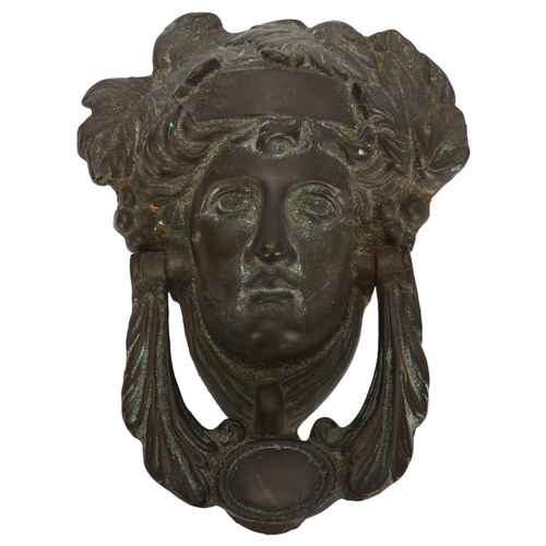 45 - A heavy patinated bronze figural Athena head door knocker, height 19cm