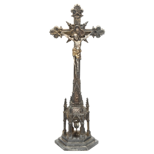 46 - A large electrotype church altar crucifix, with architectural chalice base, height 55cm