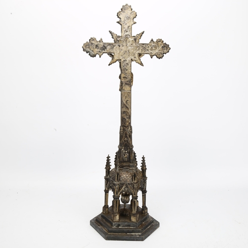 46 - A large electrotype church altar crucifix, with architectural chalice base, height 55cm