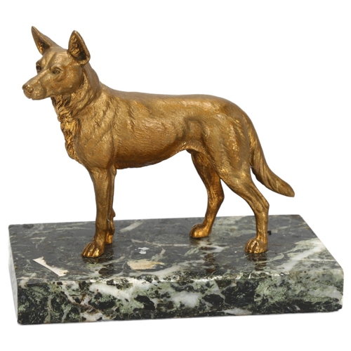 48 - An Art Deco gilt-bronze Alsatian dog sculpture, on veined green marble base, base length 15cm