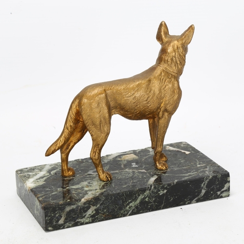 48 - An Art Deco gilt-bronze Alsatian dog sculpture, on veined green marble base, base length 15cm