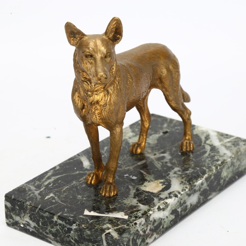 48 - An Art Deco gilt-bronze Alsatian dog sculpture, on veined green marble base, base length 15cm