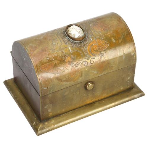 52 - A 19th century brass dome-top casket, with relief carved inset shell cameo and Gothic engraved decor... 