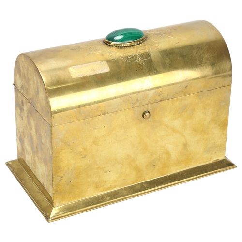 53 - A 19th century brass dome-top casket, with oval cabochon inset malachite and engraved decoration, W2... 