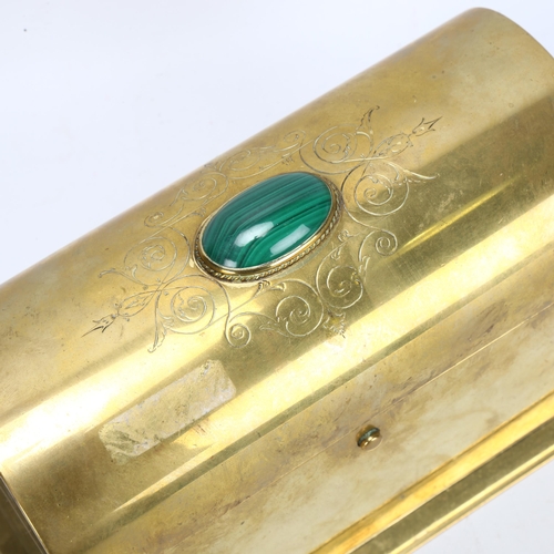 53 - A 19th century brass dome-top casket, with oval cabochon inset malachite and engraved decoration, W2... 