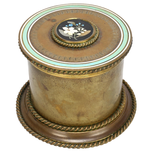 54 - A French Napoleon III gilt-bronze Pietra Dura and enamel tobacco jar, cylindrical form with inset ha... 