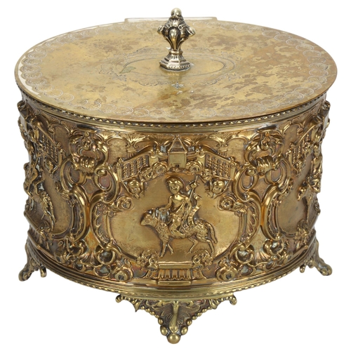 55 - A large 19th century electroplated brass Classical biscuit tin, with relief embossed putti and folia... 