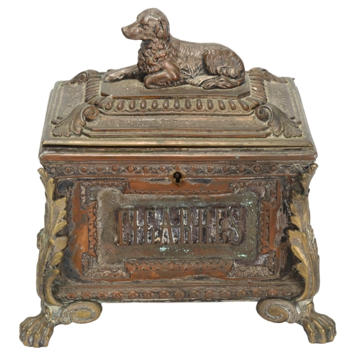 56 - An early 20th century electroplated Regalia cigarres tobacco/cigar casket, with dog knop and lion pa... 