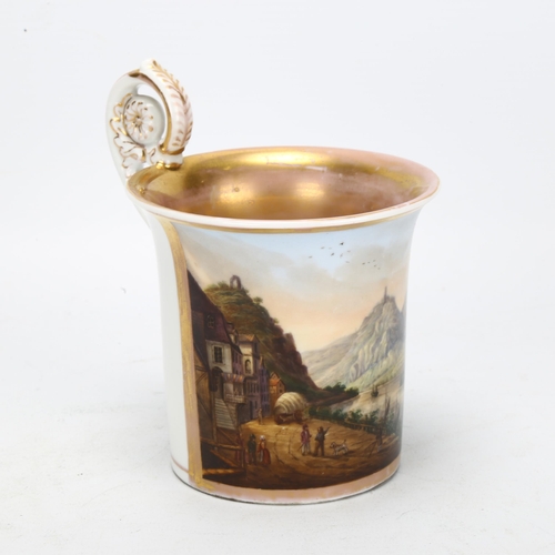 64 - A fine 19th century hand painted porcelain cabinet cup, with landscape scene depicting riverside vil... 