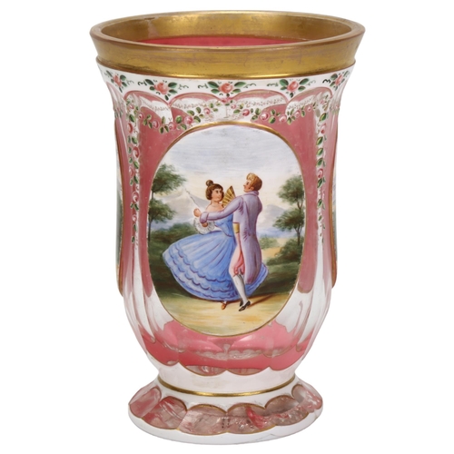 69 - A 19th century Bohemian glass spa beaker, with hand painted and gilded rose swag decoration, pink gr... 