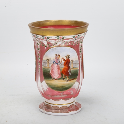 69 - A 19th century Bohemian glass spa beaker, with hand painted and gilded rose swag decoration, pink gr... 