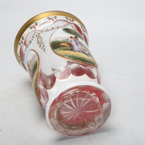 69 - A 19th century Bohemian glass spa beaker, with hand painted and gilded rose swag decoration, pink gr... 