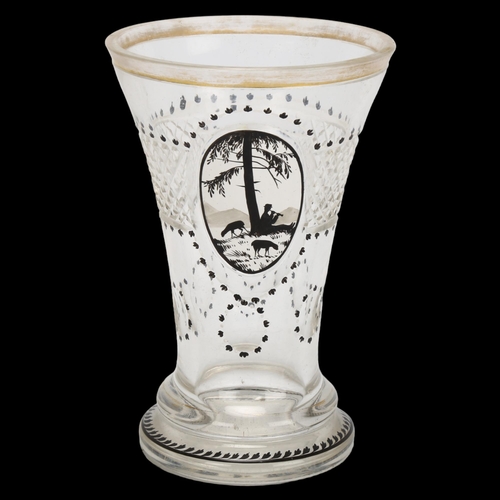 73 - A 19th century Bohemian glass flared beaker, with hand painted monochrome watercolour aperture depic... 