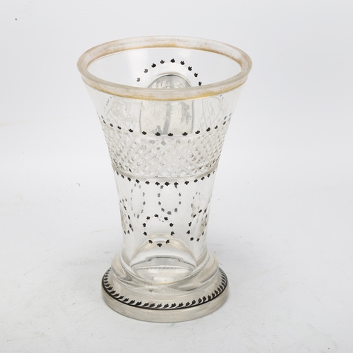 73 - A 19th century Bohemian glass flared beaker, with hand painted monochrome watercolour aperture depic... 