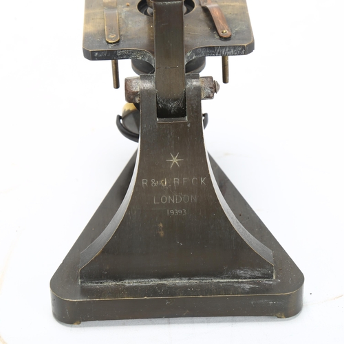 80 - A 19th century desk microscope, by R & J Beck of London, with triangular base, serial no. 19393, hei... 