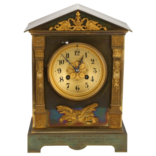 83 - MILITARY INTEREST - a gilt-brass architectural 8-day mantel clock, with presentation inscription 