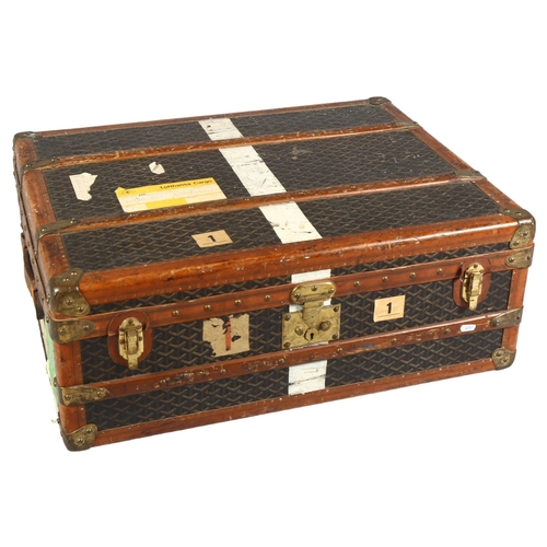 93 - GOYARD - an early 20th century French cabin trunk, with canvas chevron pattern and leather trim with... 