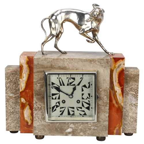 133 - A 1920s Art Deco marble-cased clock, with silver plated Greyhound, height 35cm