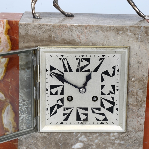 133 - A 1920s Art Deco marble-cased clock, with silver plated Greyhound, height 35cm