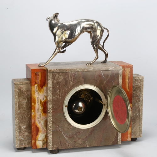 133 - A 1920s Art Deco marble-cased clock, with silver plated Greyhound, height 35cm