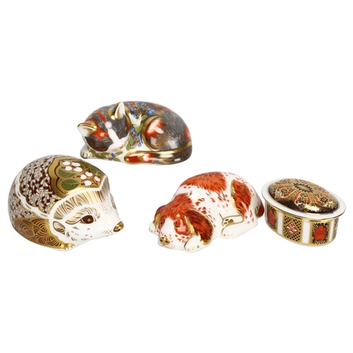 136 - 4 Royal Crown Derby figures, including cat, dog, hedgehog, and trinket box, tallest 5cm