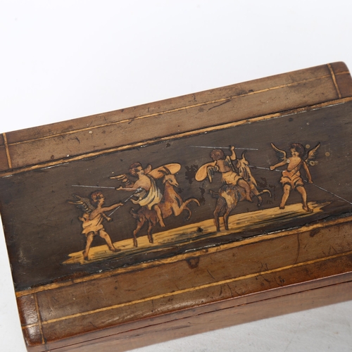 147 - A 19th century Italian marquetry box, with Classical scene, and a carved coquilla nut with pierced d... 