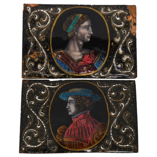 149 - A pair of Limoges enamelled copper portrait panels, 8 x 5.5cm, the Roman Classical figure has date t... 