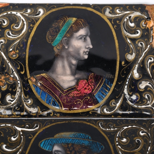 149 - A pair of Limoges enamelled copper portrait panels, 8 x 5.5cm, the Roman Classical figure has date t... 