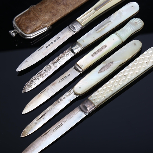 150 - 5 mother of pearl and silver folding fruit knives, all hallmarked on blade, earliest 1829, latest 19... 