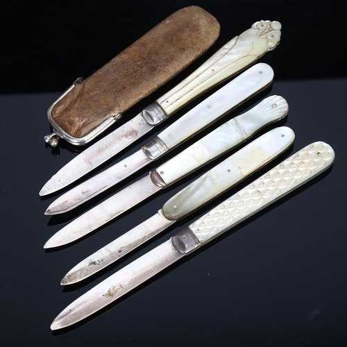 150 - 5 mother of pearl and silver folding fruit knives, all hallmarked on blade, earliest 1829, latest 19... 