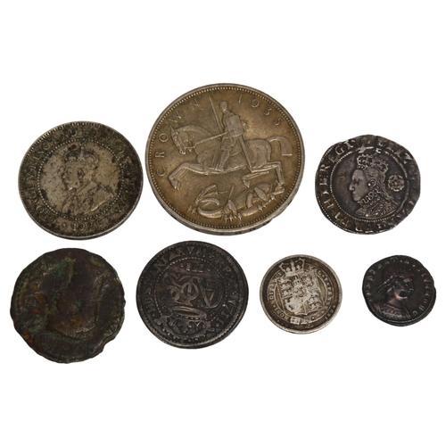 169 - A collection of 7 coins, inc Elizabeth I, Roman and 1711 Reales