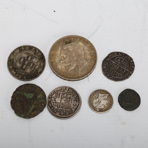 169 - A collection of 7 coins, inc Elizabeth I, Roman and 1711 Reales