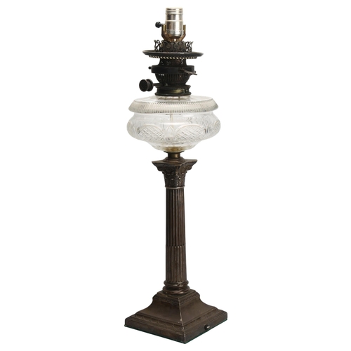 173 - An early 20th century silver Corinthian column oil lamp with cut-glass font, converted to electric, ... 