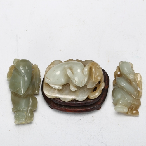 181 - 3 Chinese jade figures, 1 on wooden stand, largest 5.5cm