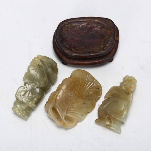 181 - 3 Chinese jade figures, 1 on wooden stand, largest 5.5cm