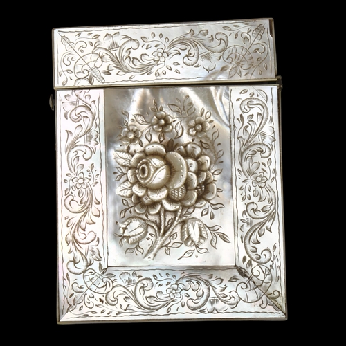 183 - A 19th century mother-of-pearl carved and engraved card case, with rose in high relief to front pane... 